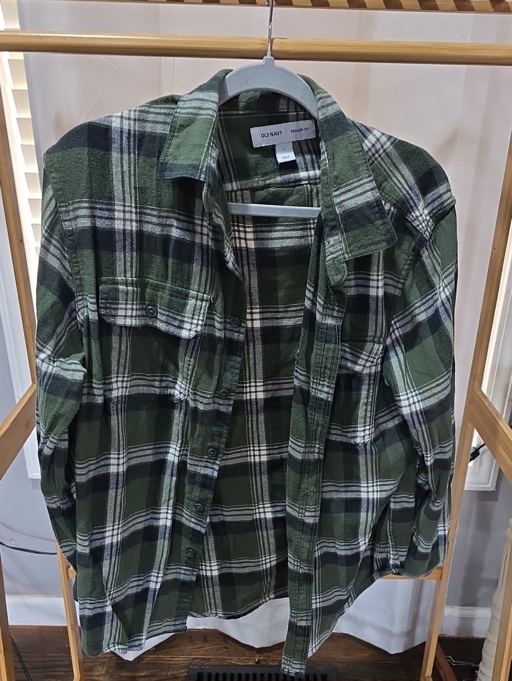 Old Navy Green Black and White Plaid Button-Down Shirt